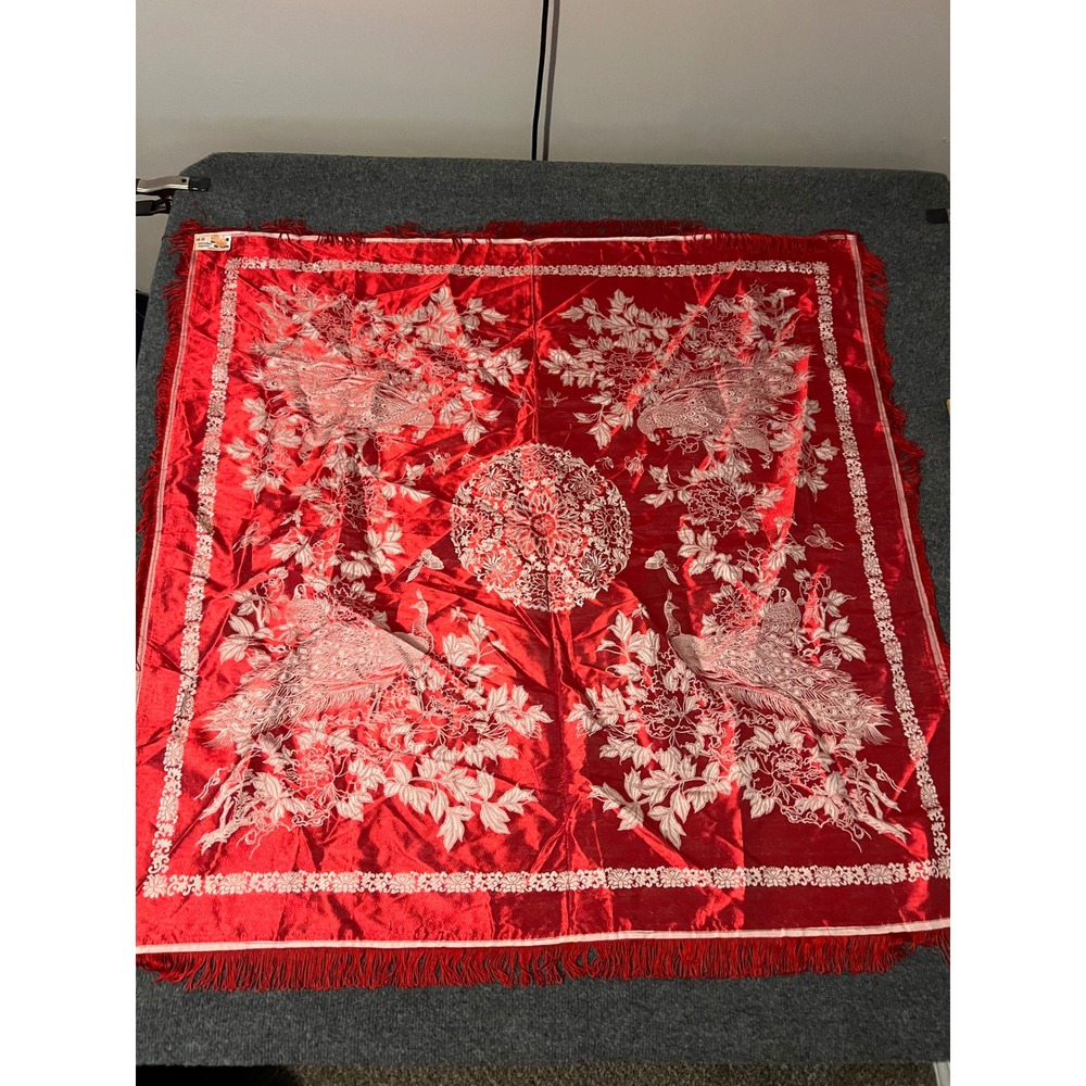 Vintage Brocaded Flowers Red Peacock Floral Square Fringed Scarf Made in China